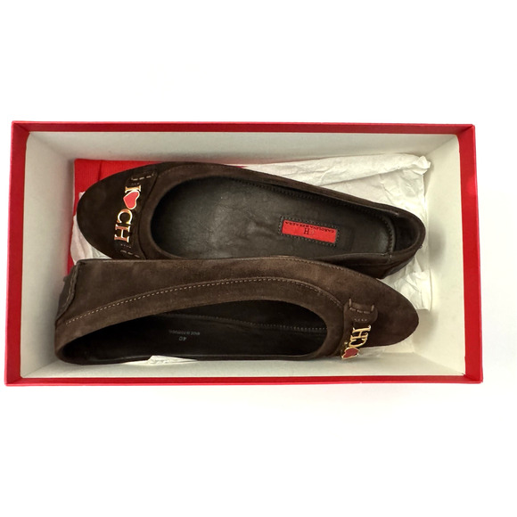 Carolina Herrera 40 Driving Ballet Flats Brown Suede Leather I Love CH Brass - Picture 6 of 13